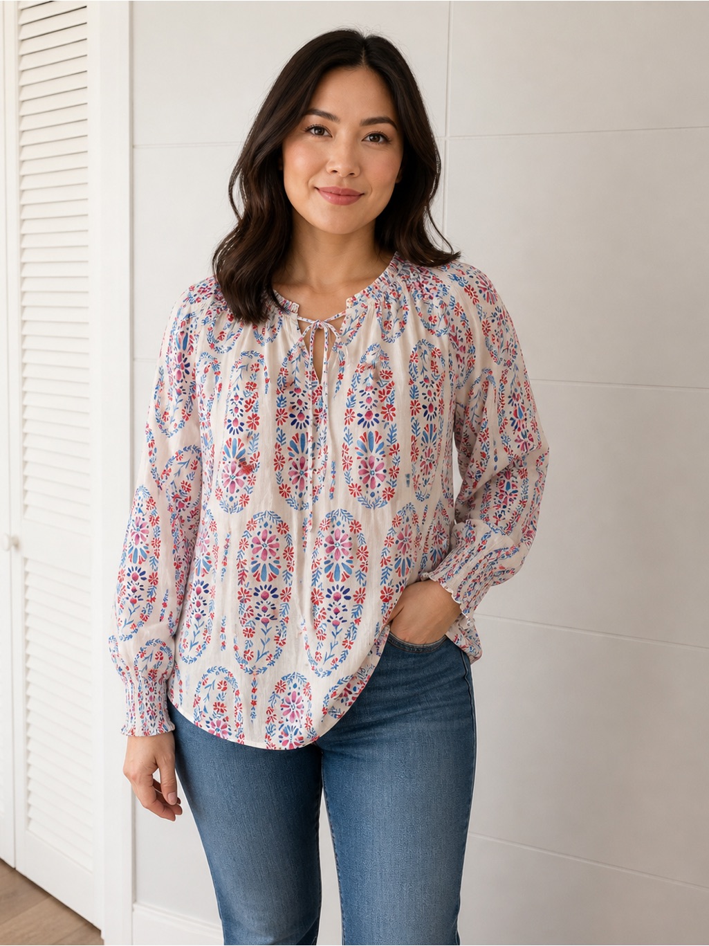 Talbots Nwt, Pxl Boho Floral Tie-Neck Peasant Blouse
